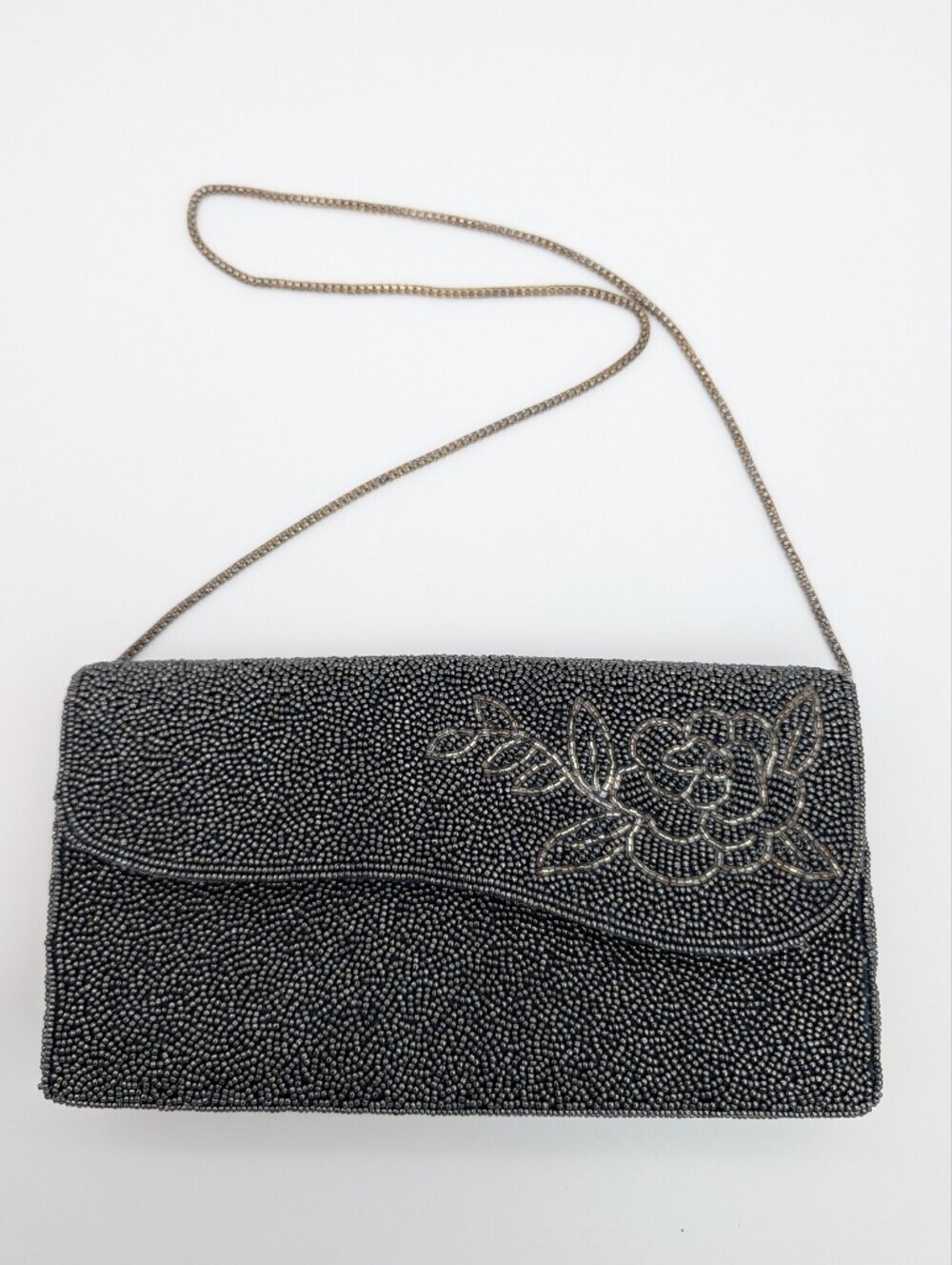 Vintage Beaded Evening Clutch With Floral Rose Motif Dark Gray